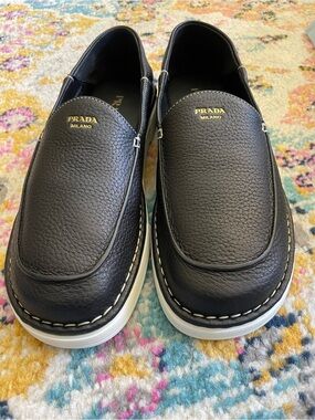 NEW Prada Black Leather Slip-On Casual Loafers with White Sole 9 Authentic